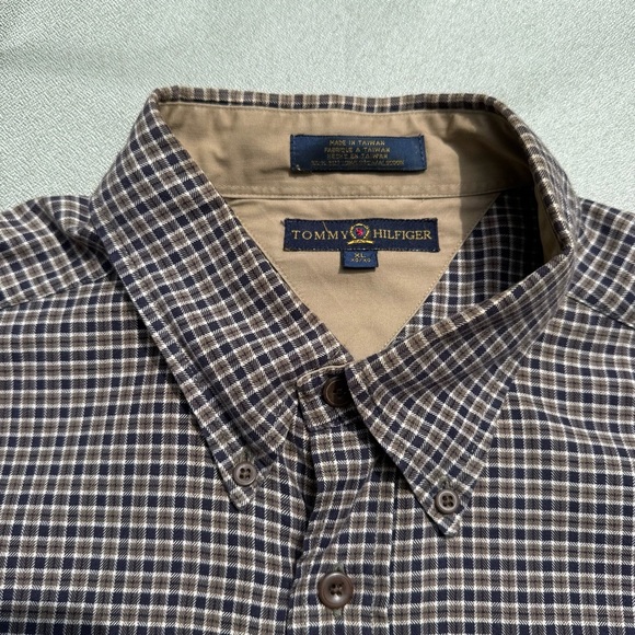 90s Tommy Hilfiger Button Up Brown Checkered M Long Sleeve Collared Shirt XL X0 - Picture 4 of 7